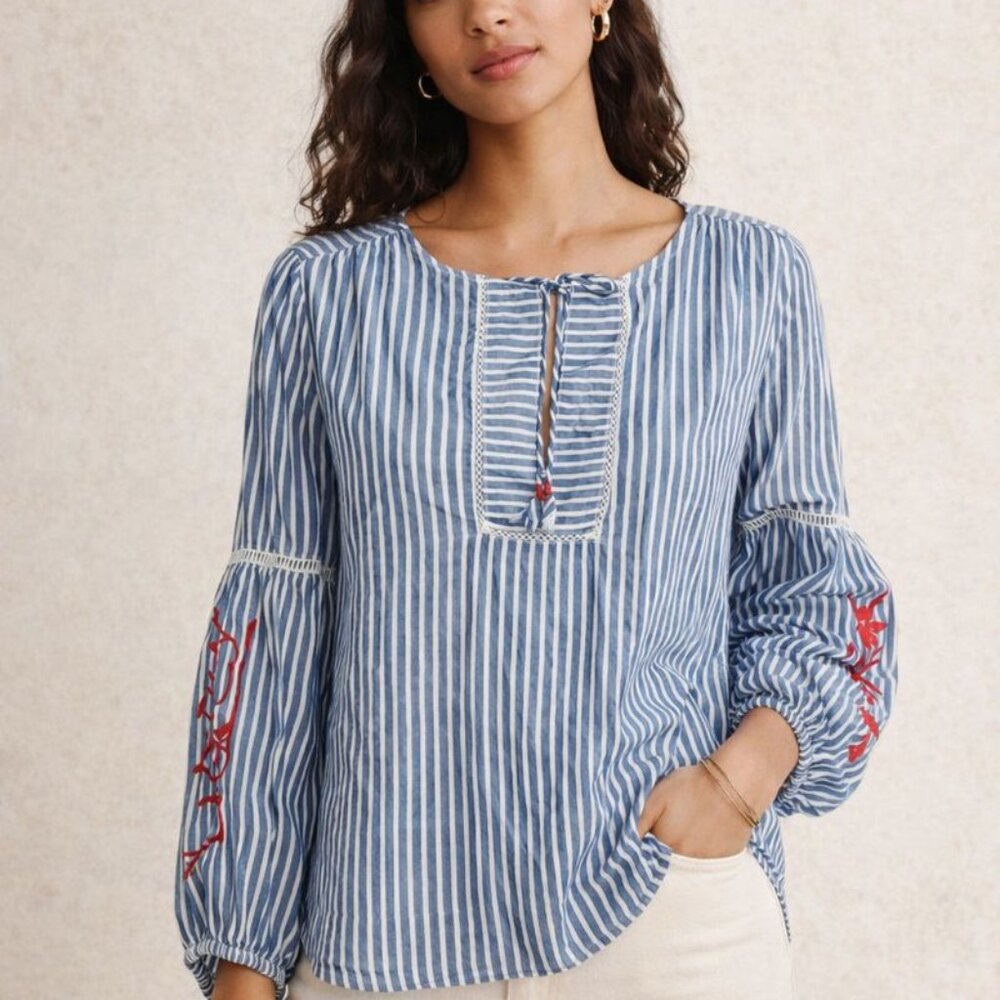Tommy Hilfiger Medium M Blue Striped Modal Cotton Embroidered‎ Boho Peasant Top